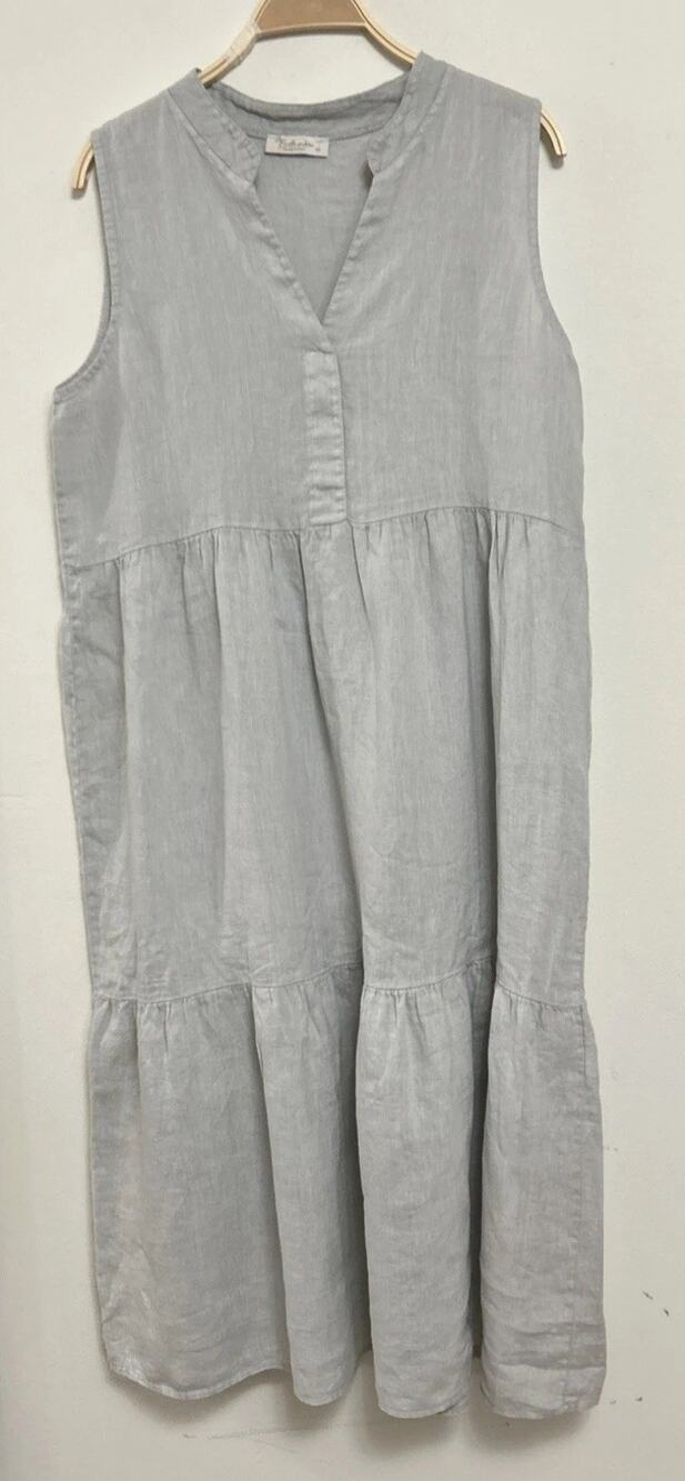 Bellambra Maxi Dress Sleeveless V-Neck Linen Tiered Gray Italy Womens M